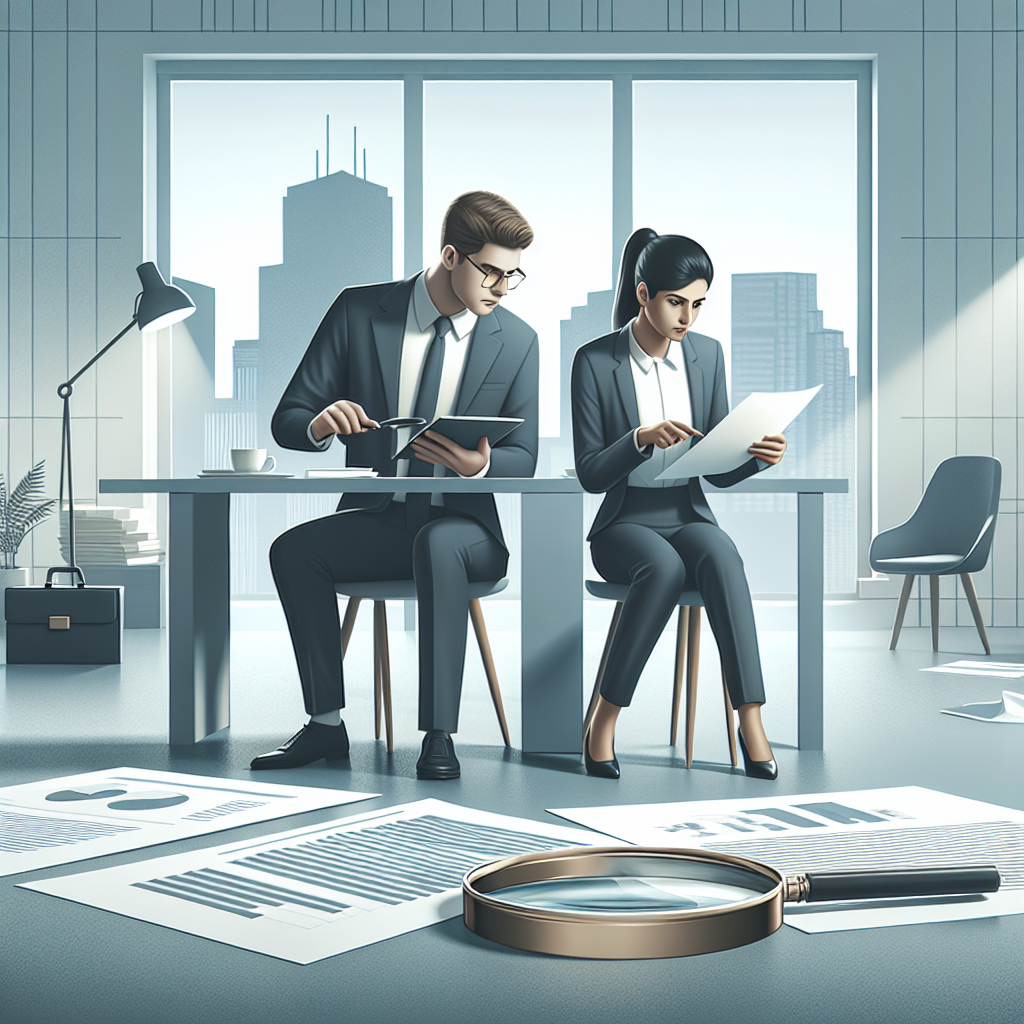 Due diligence hvad betyder det? En enkel forklaring To professionelle personer, en mand og en kvinde, der analyserer dokumenter ved et bord i et kontormiljø.
