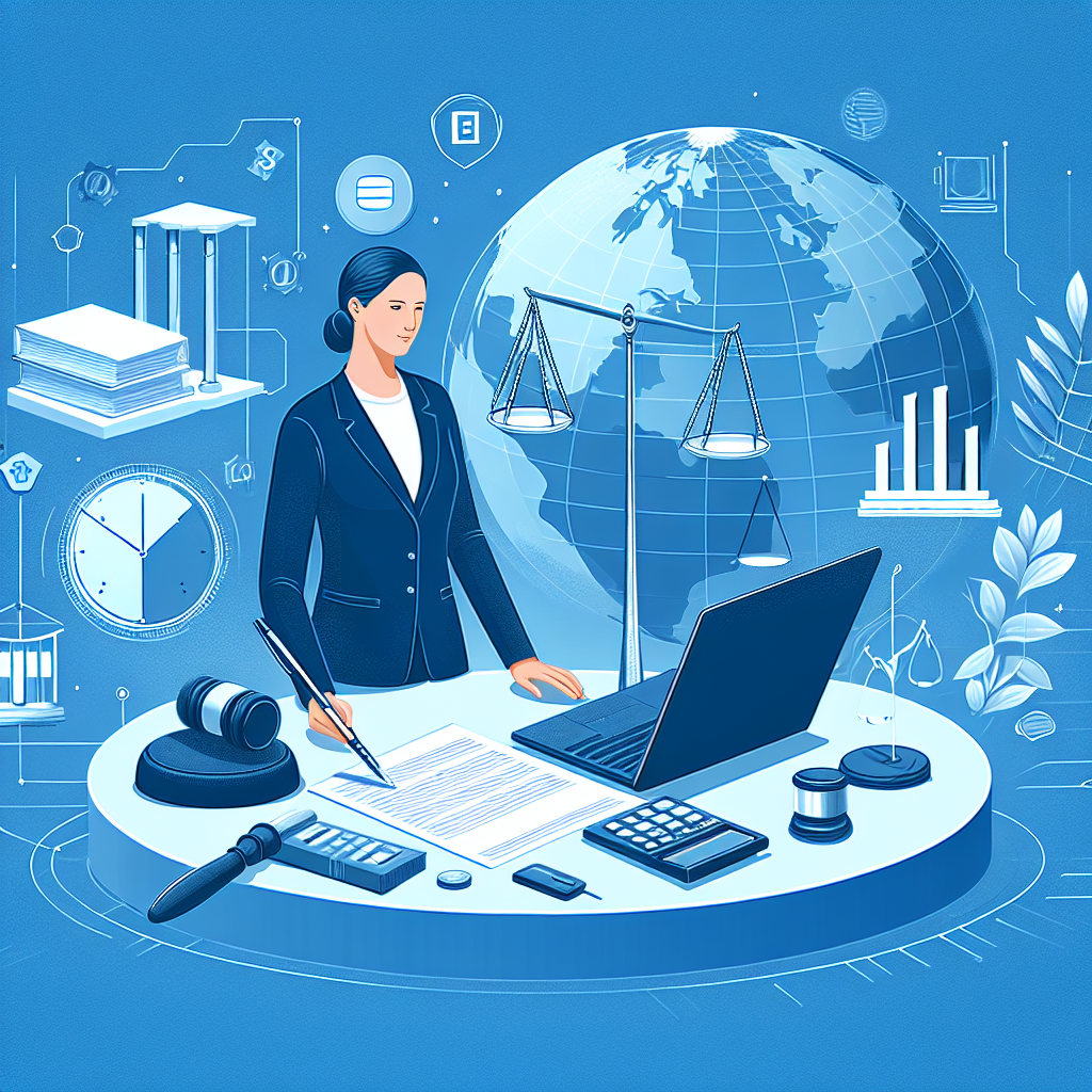 Illustration af en kvindelig jurist ved et skrivebord med en b&aelig;rbar computer, dokumenter og juridiske symboler.