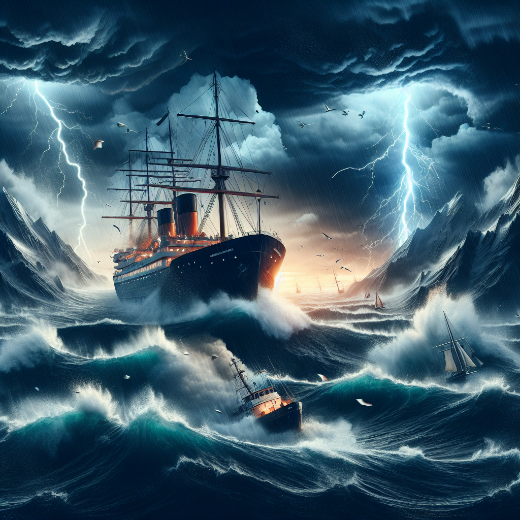 Hvad betyder force majeure? forklaring og eksempler Et stort skib kæmper mod kraftige bølger og lyn i et stormfuldt havlandskab.