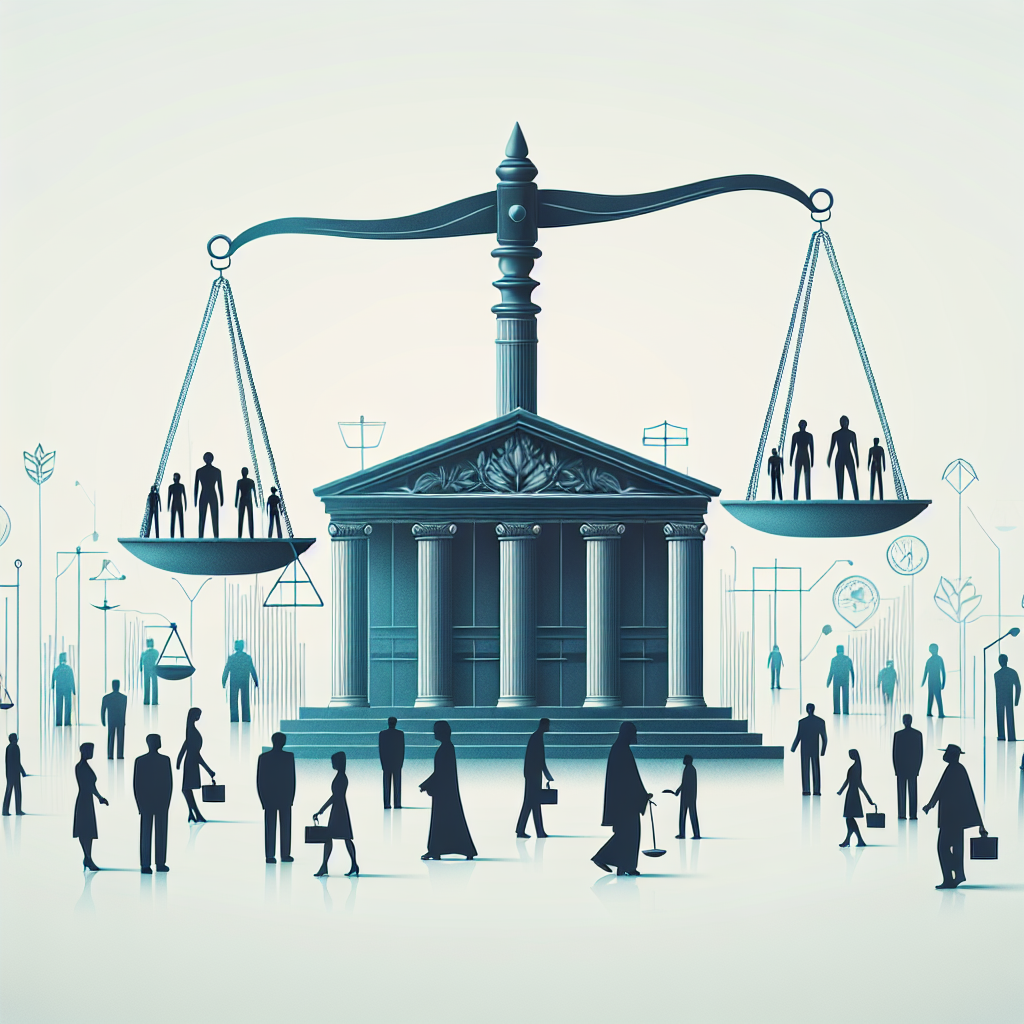 Hvad er en juridisk person? forklaring og eksempler Illustration af en vægt med mennesker på hver skål, placeret foran en bygning, der symboliserer retfærdighed.