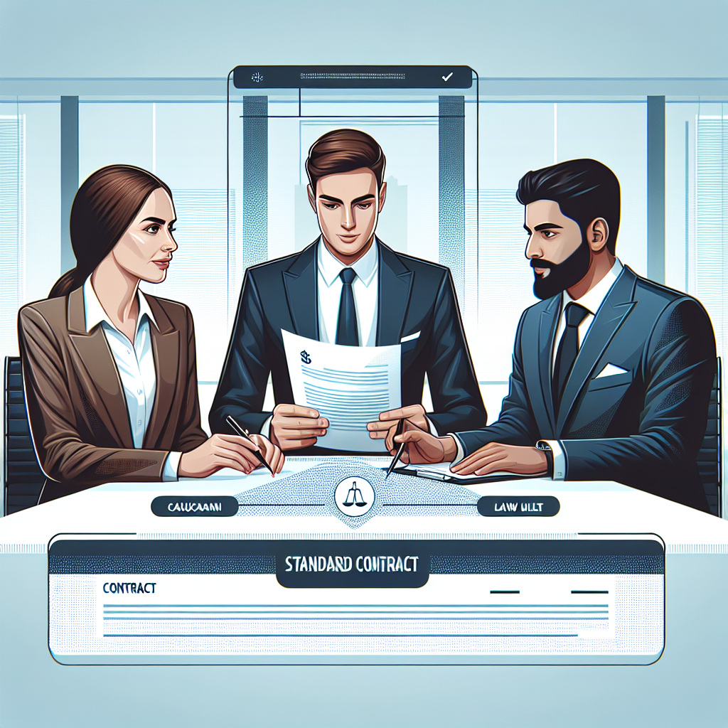 Illustration af tre personer, der diskuterer en standardkontrakt ved et bord, med dokumenter og juridiske symboler.