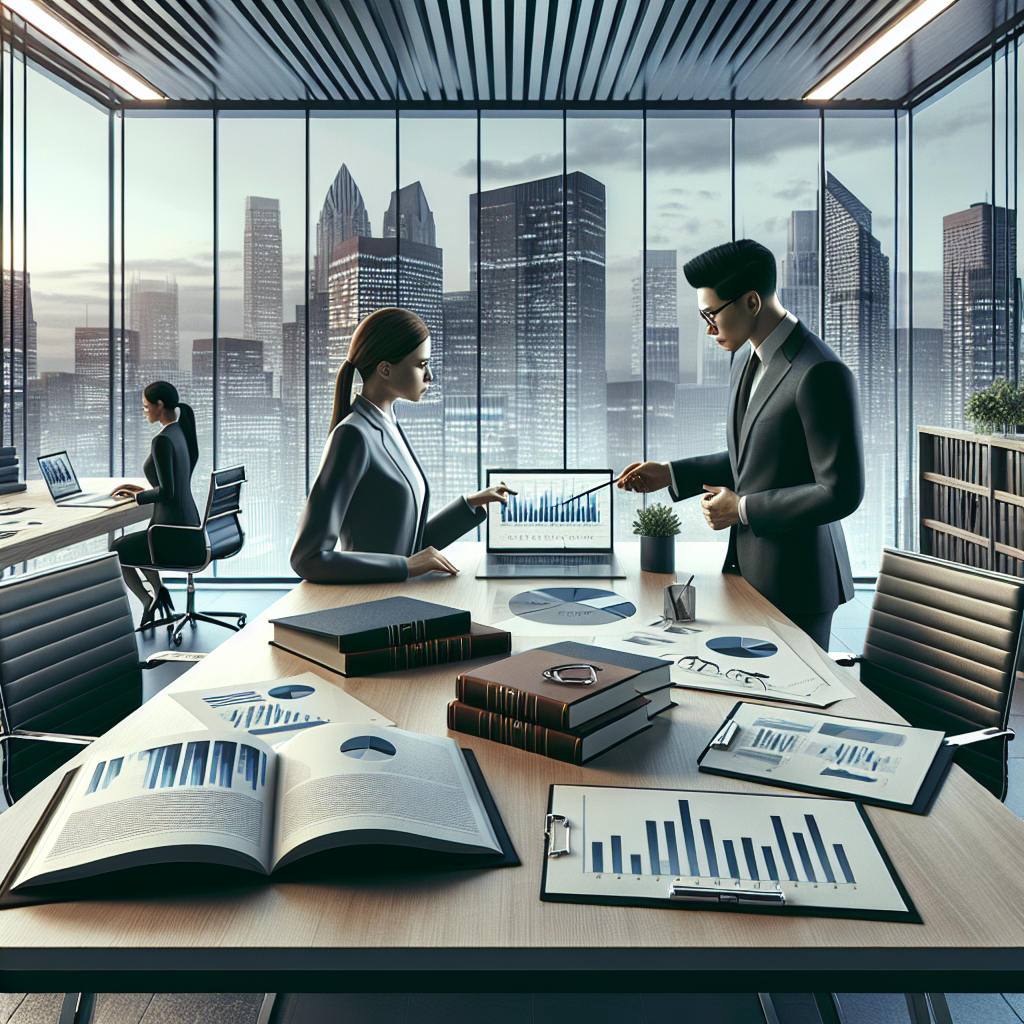 Professionelle personer i et m&oslash;delokale, der diskuterer grafer og data pr&aelig;senteret p&aring; et bord.
