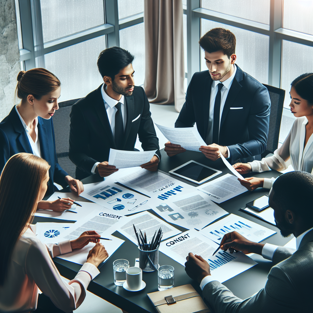 Gruppe af professionelle personer, der diskuterer dokumenter og grafer ved et mødebord.