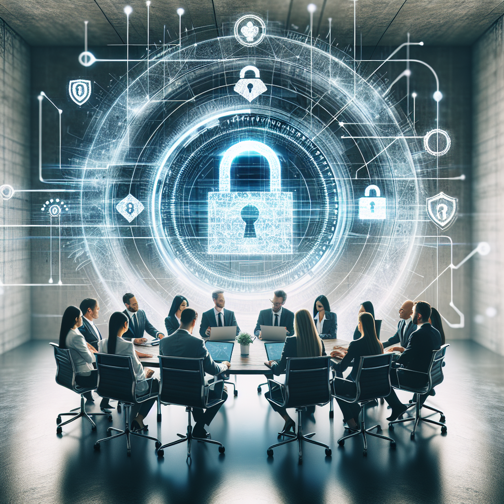 Gruppe af professionelle, der deltager i et møde om cybersikkerhed med digitale låseikoner og sikkerhedssymboler i baggrunden.