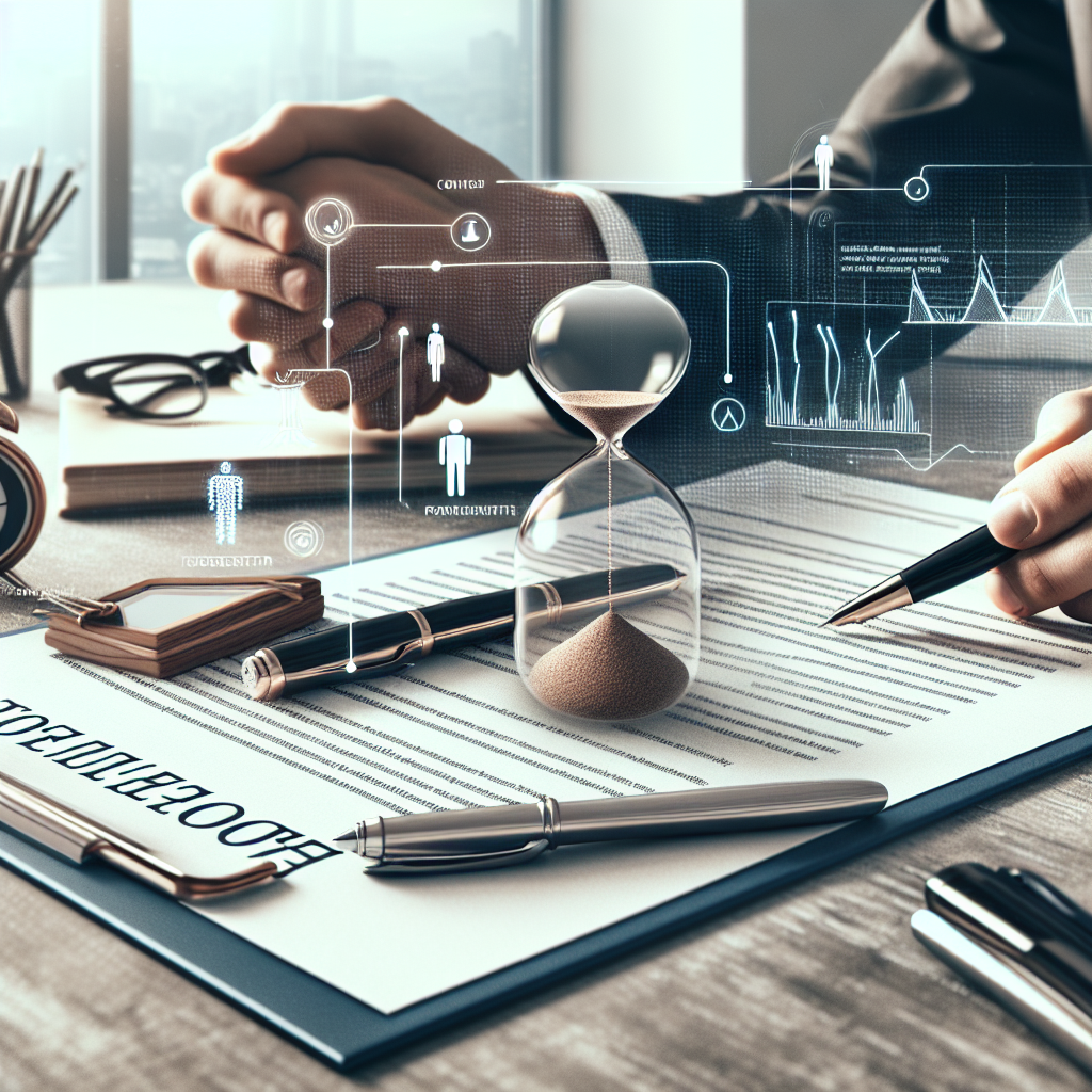 Time management concept featuring an hourglass and documents on a desk with digital interface elements.