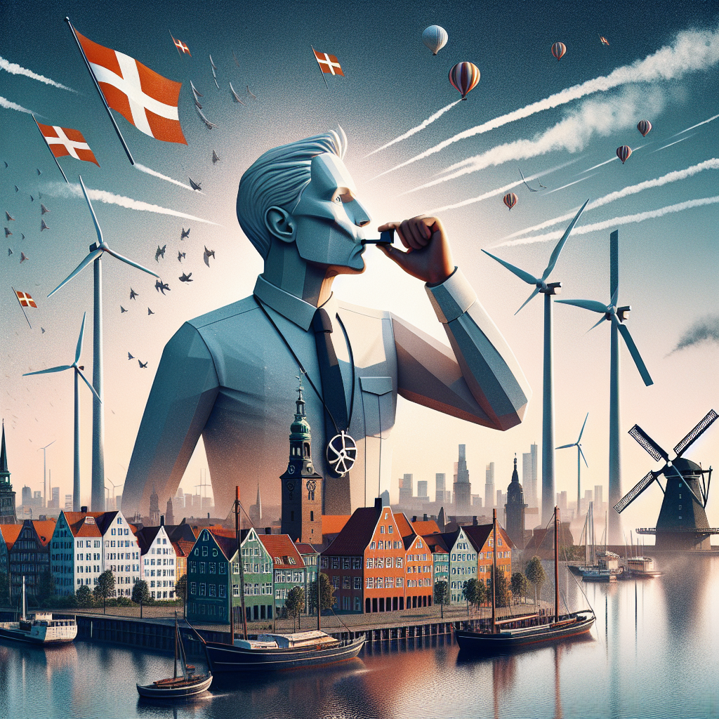Illustration af en mand med danske flag, vindmøller og farverige bygninger ved en vandkrop.
