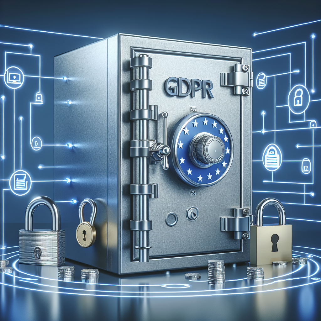 Sikkerhedsskab med GDPR-mærkning og låse, omgivet af digitale sikkerhedssymboler og mønter.