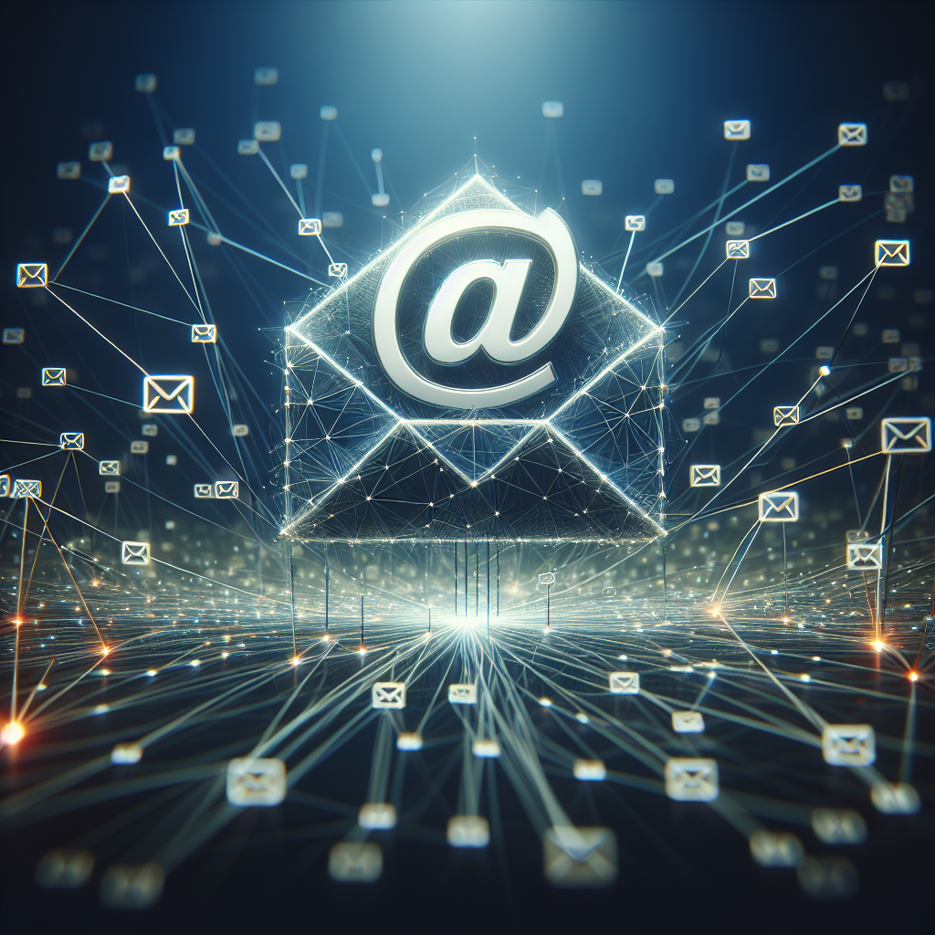 Digitalt e-mail symbol med '@' i midten, omgivet af forbindelser til forskellige e-mail-ikoner i et netværk.