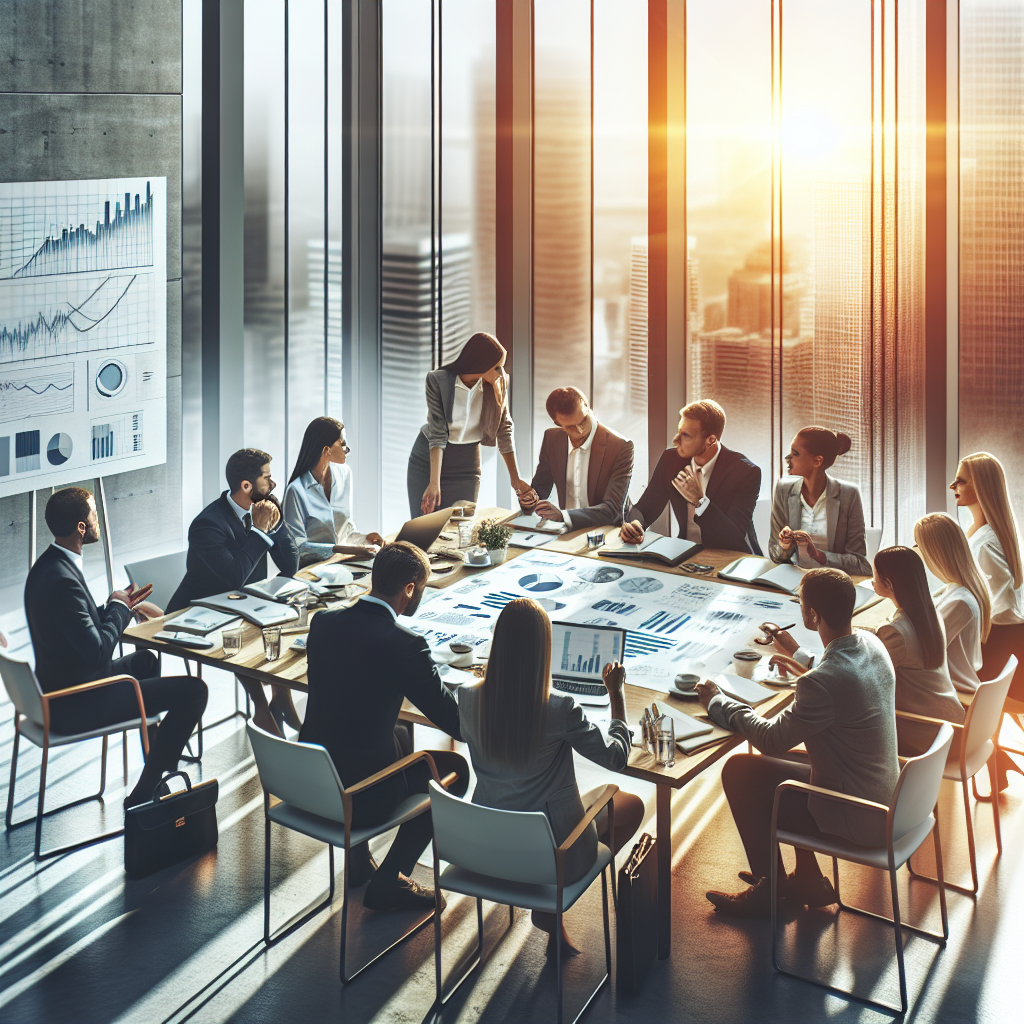 Gruppe af professionelle i et konferencerum, der diskuterer data og præsentationer ved et stort bord.