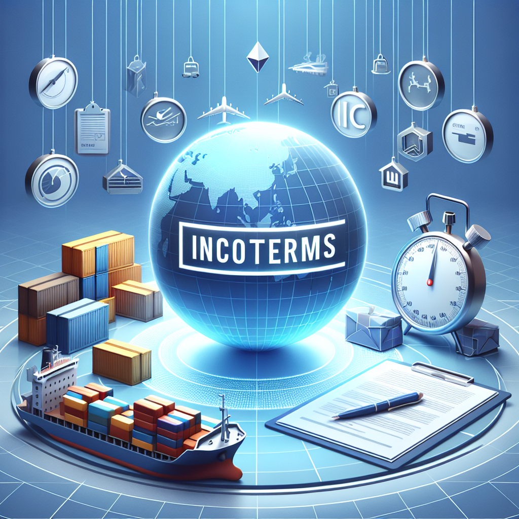 Illustration af Incoterms med en globe, skibscontainere, et ur og dokumenter relateret til international handel.