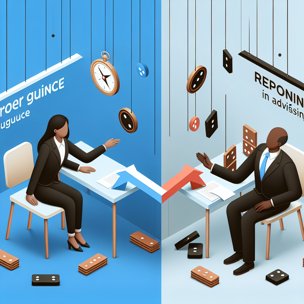 Illustration af to personer i et forretningsmøde med dominoer og ure, der symboliserer beslutningstagning og rådgivning.