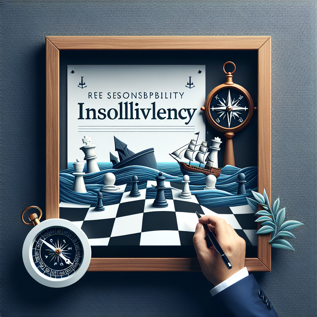 Illustration of a chessboard with pieces and a compass, featuring the word 'Insolvency' in a framed design.