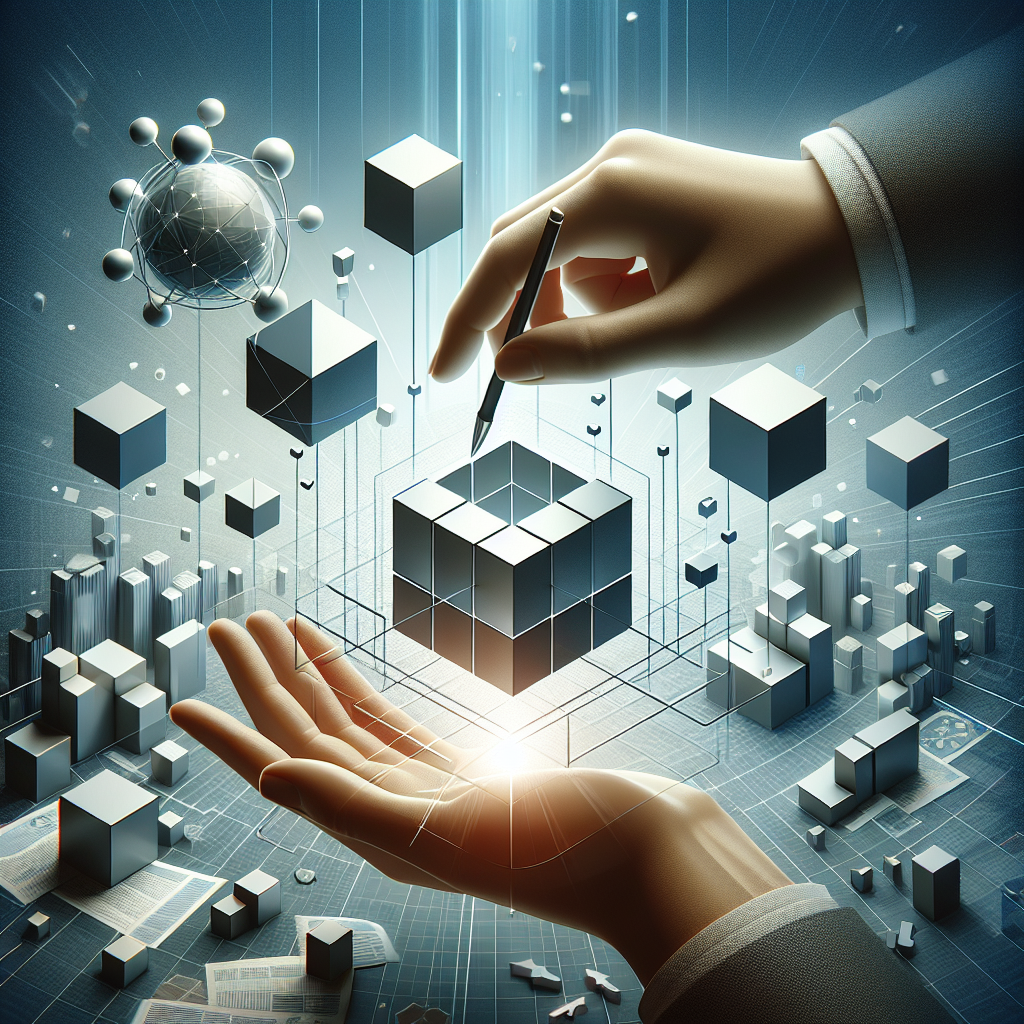 En h&aring;nd der tegner p&aring; en 3D-kube, omgivet af sv&aelig;vende geometriske former og digitale elementer.