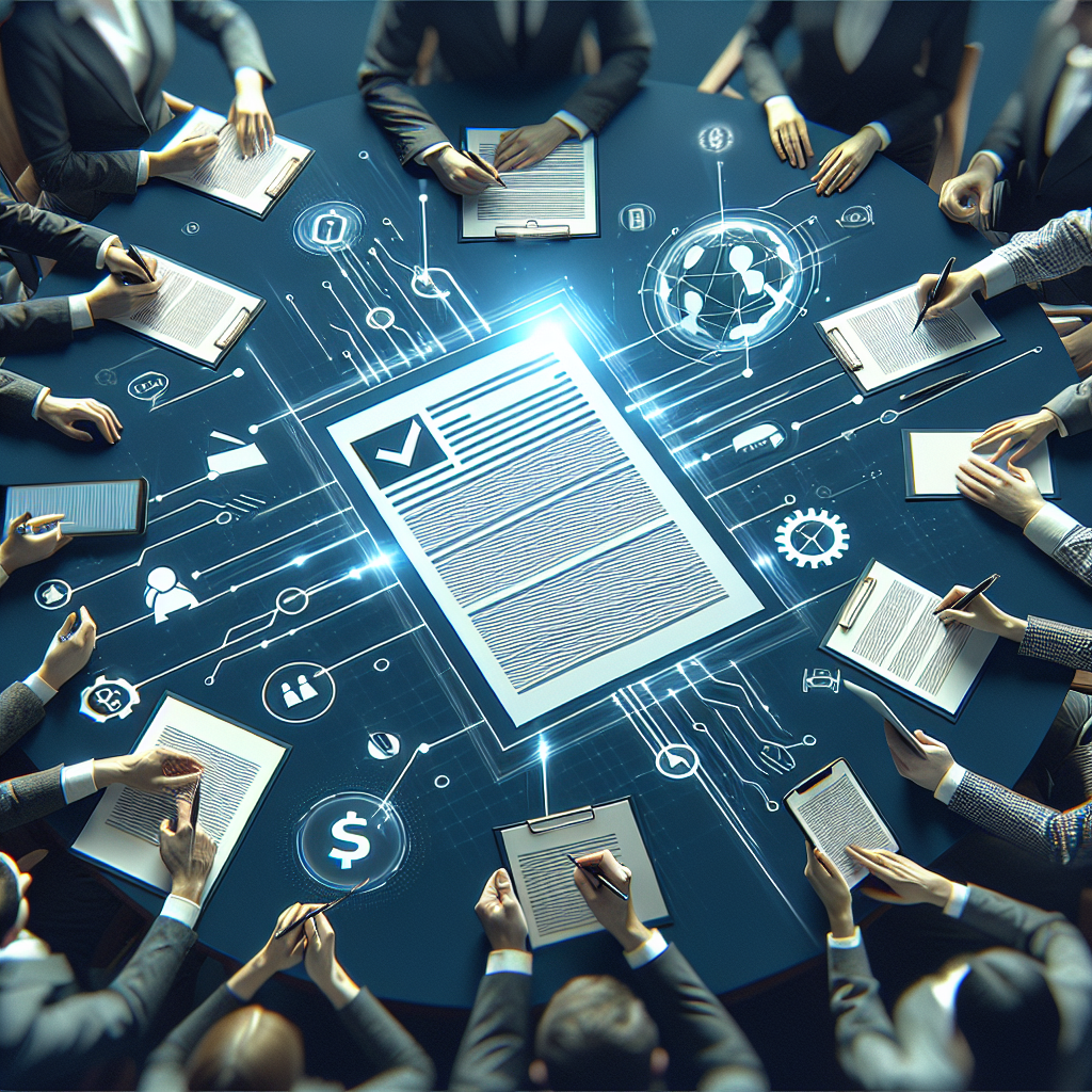Gruppe af personer ved et bord, der arbejder med dokumenter og teknologi, omgivet af ikoner for information og data.