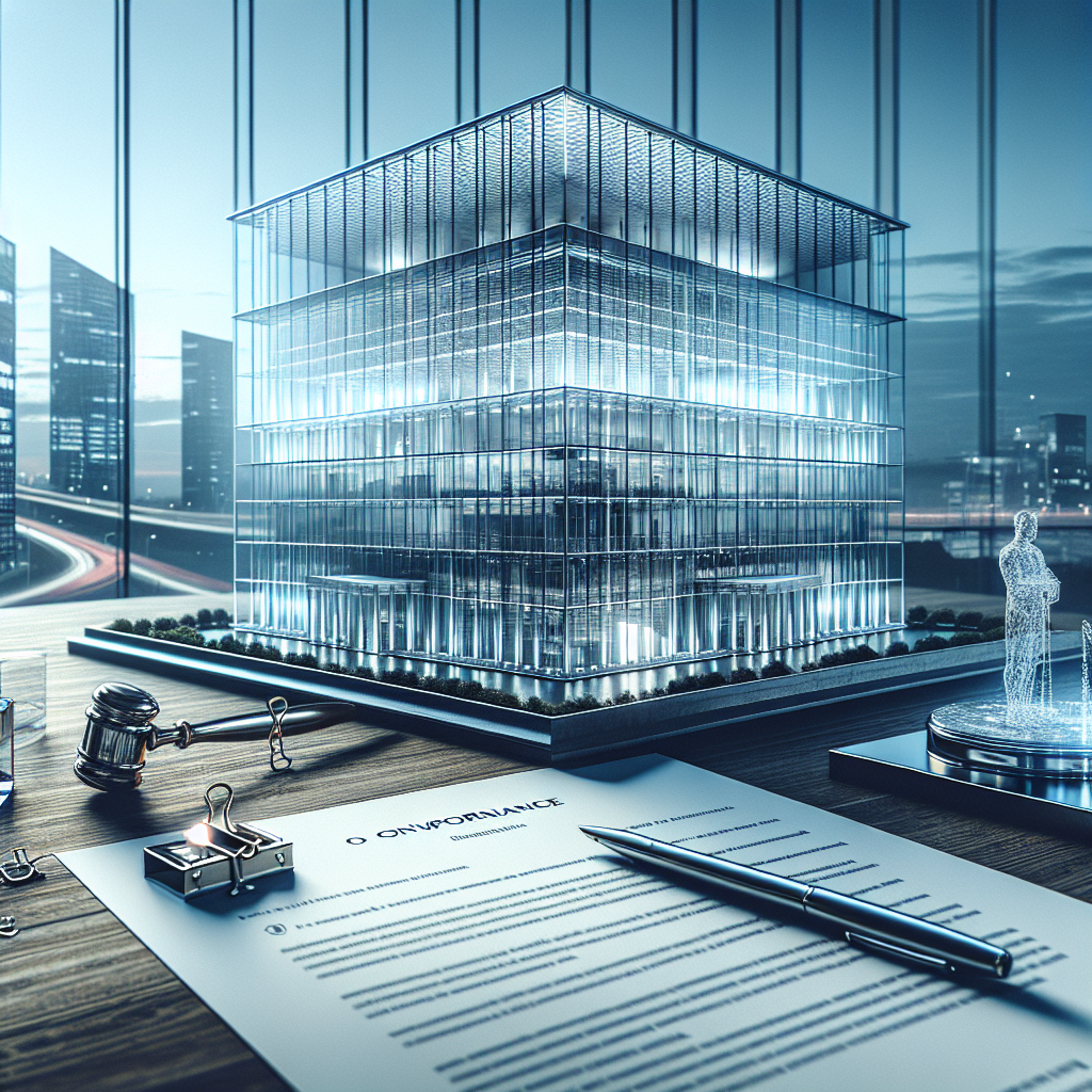 Corporate governance principper danmark: forklaret Skala model af en moderne kontorbygning med glasfacade, placeret på et skrivebord med dokumenter og kontorartikler.