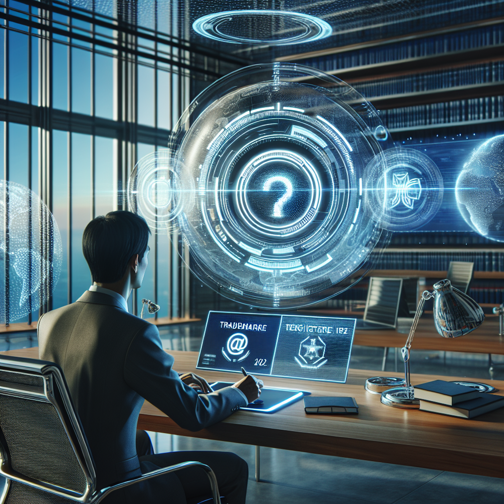 Person sidder ved et skrivebord med en computer og interagerer med holografiske data og grafer i et moderne kontormiljø.