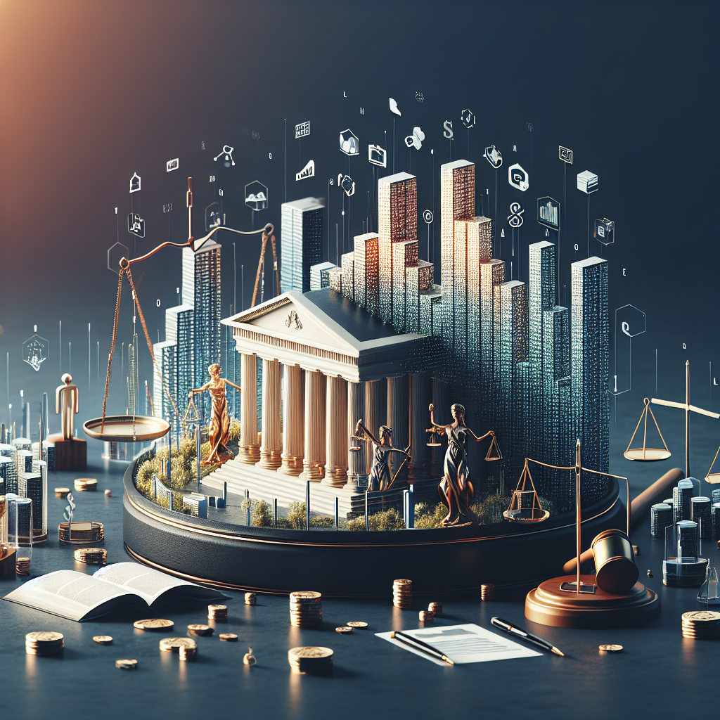 Futuristisk scenebillede med gyldne statuer, balancevægte og høje bygninger i en mørk blå baggrund, en retssalsinspireret byscene til MK-DATA; egnet til teknologisk og juridisk indhold