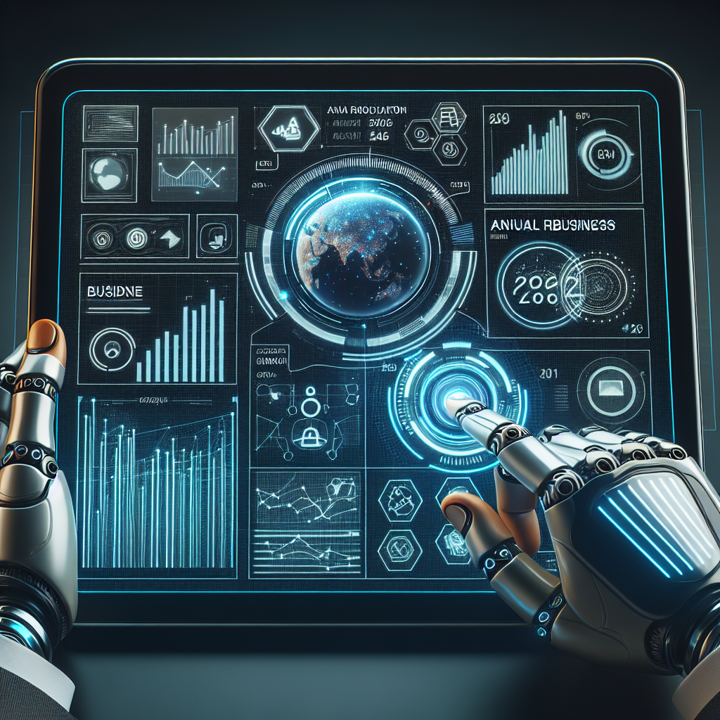 Futuristisk blåneon dashboard styret af mekaniske robotarme, der omringer en central jordklode i et high-tech interface med grafikker og datafigurer