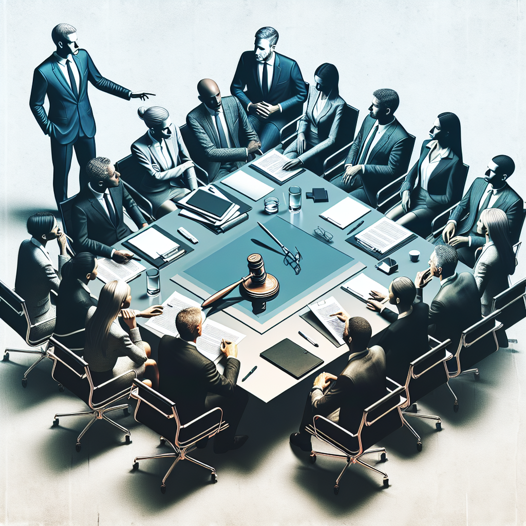 Gruppe af forretningsfolk og en advokat i et konferencerum under en diskussion ved et bord.